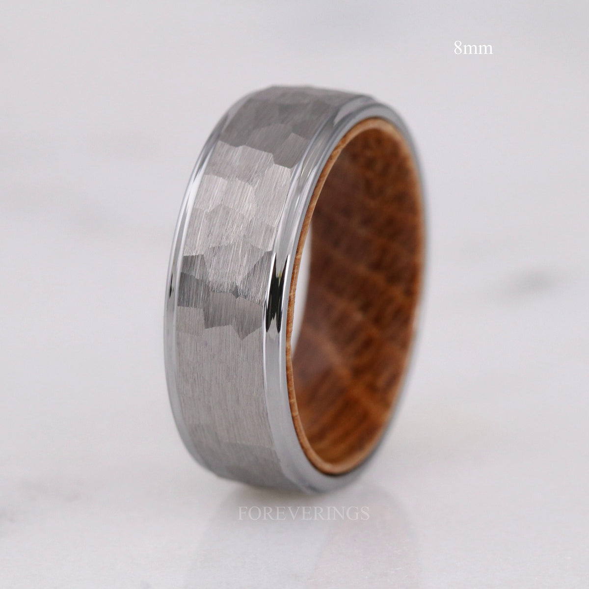 8mm hammered silver whiskey barrel band, closer view of the wood-lined interior