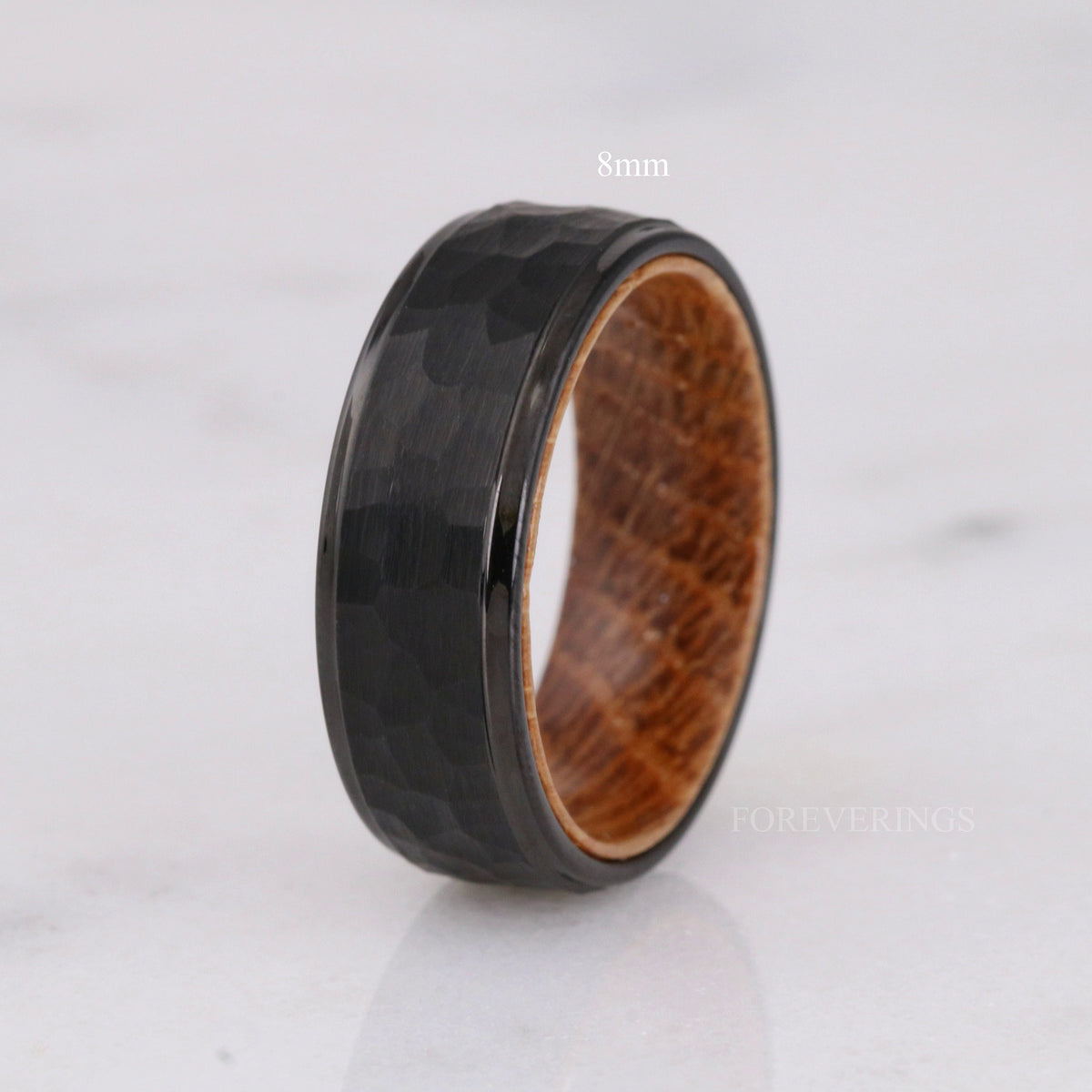 8mm width option: hammered black tungsten band with whiskey barrel wood interior