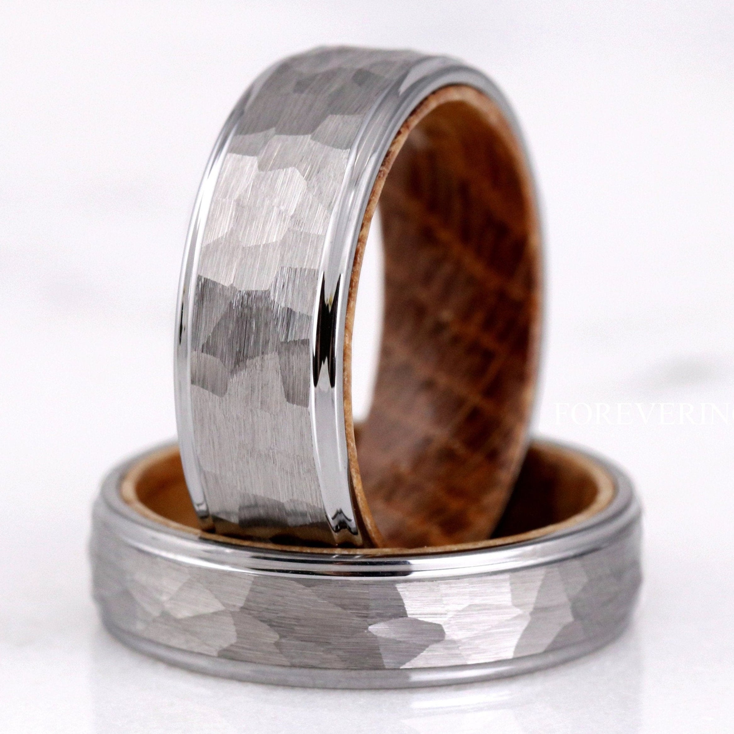Mens Whiskey Barrel Ring, Silver Tungsten Wedding Band, Wood Ring, 8mm 6mm, Matte Brushed, Hammered, Flat, Comfort Fit, Anniversary Gift