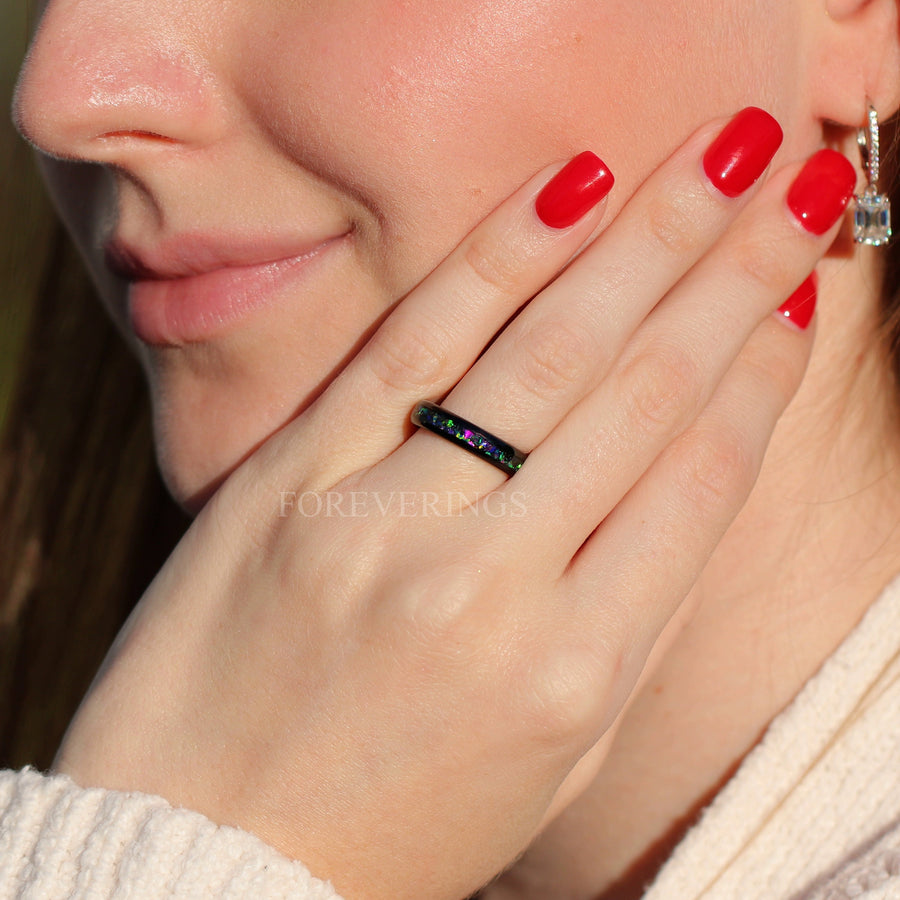 Galaxy Opal Inlay Tungsten Wedding Band | 4mm Black Ring