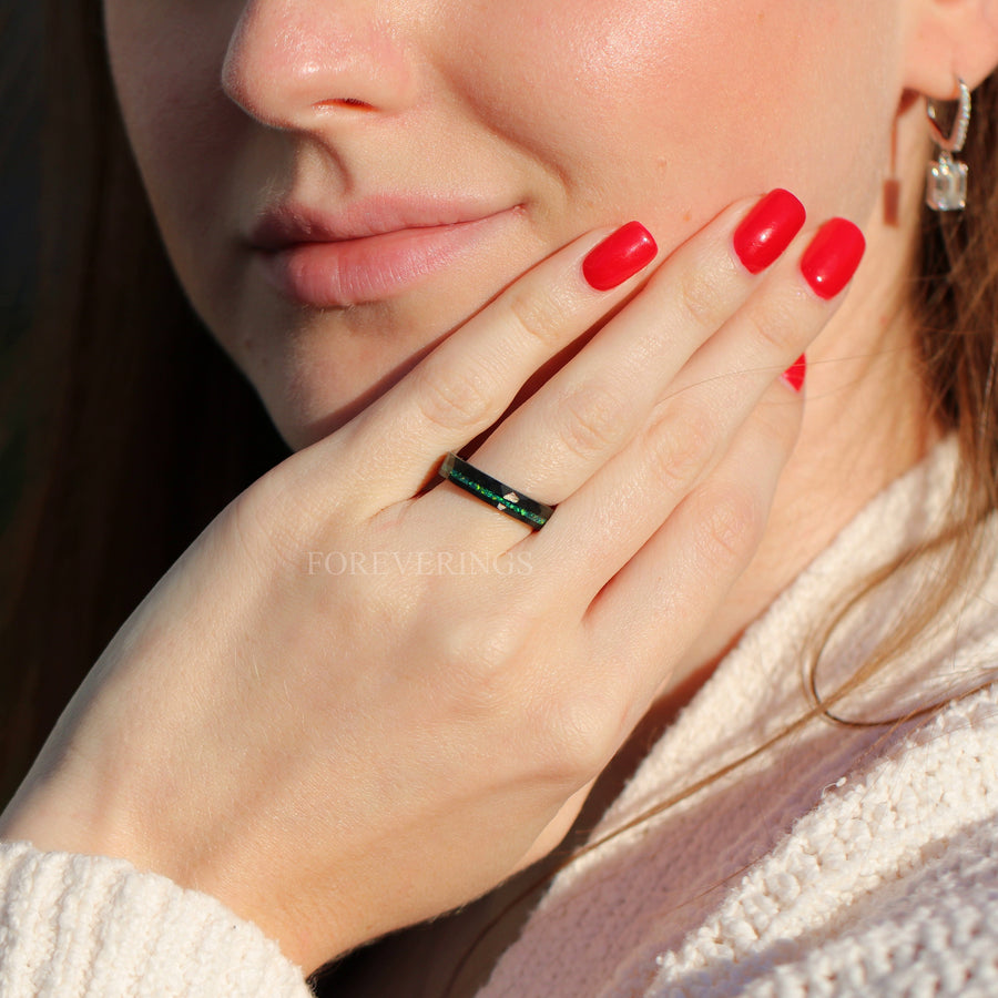 Green Opal Ring | Hammered Black Tungsten Wedding Band | 4mm