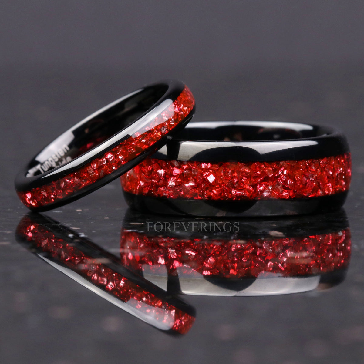 Matching black tungsten couples ring set with crushed ruby inlay, 8mm and 4mm