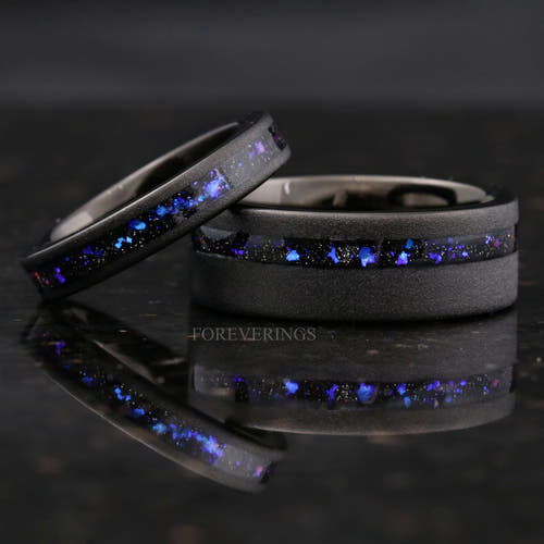 Matching black sandblasted tungsten couples ring set with Orion nebula sandstone inlay, 8mm and 4mm