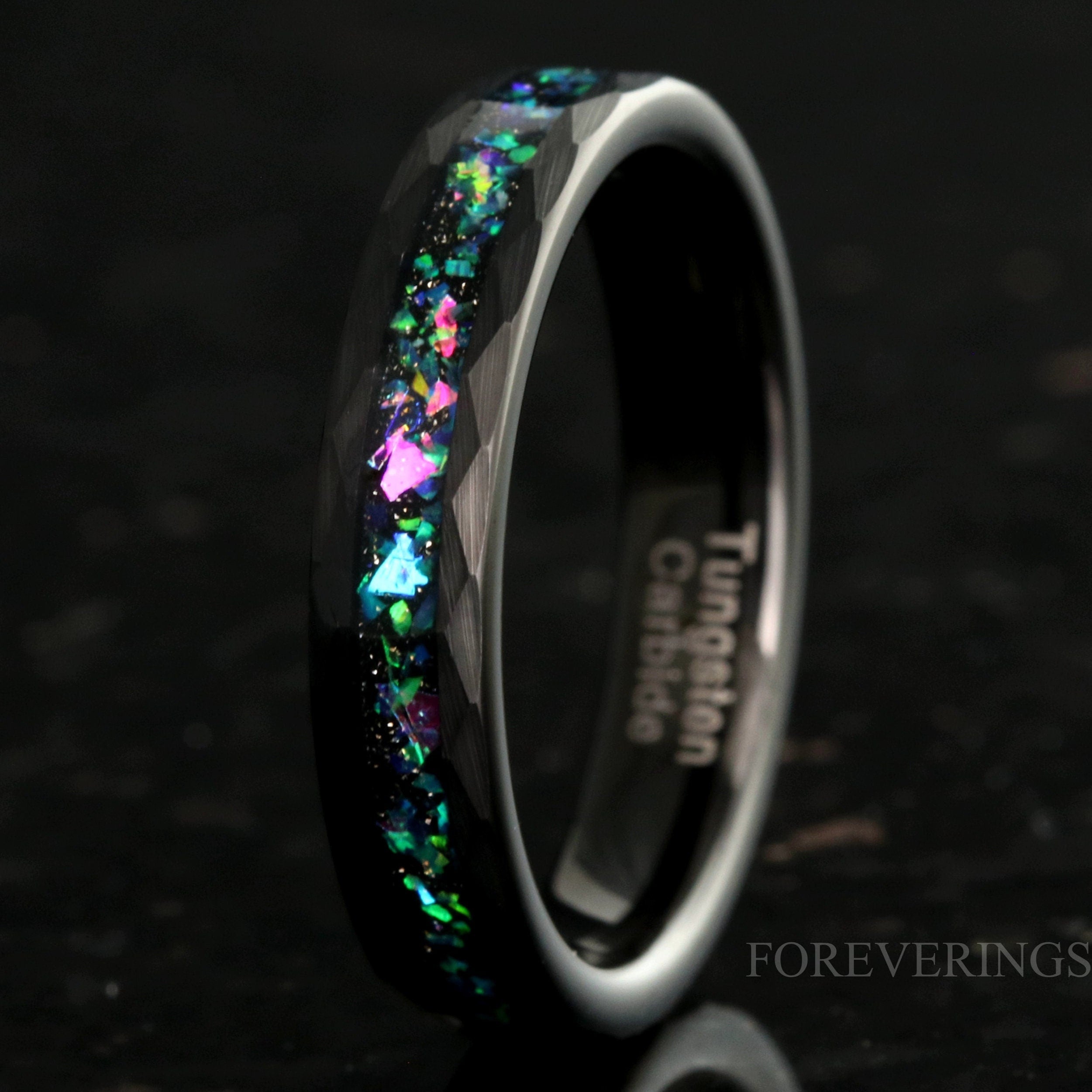 Galaxy Opal Ring, 4mm Black Tungsten Wedding Band, Hammered, Flat, Matte Brushed, Comfort Fit, Women Men Ring