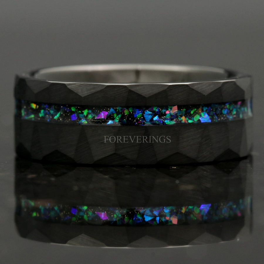 Galaxy Opal Offset Inlay Black Tungsten Ring | Mens Hammered Wedding Band