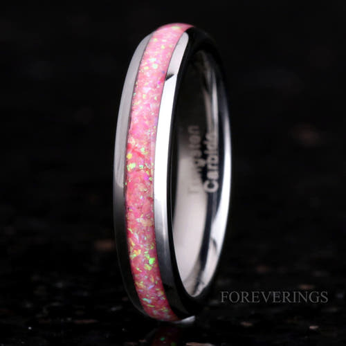 Women's 4mm silver tungsten ring with pink fire opal inlay, standing angled to show the interior