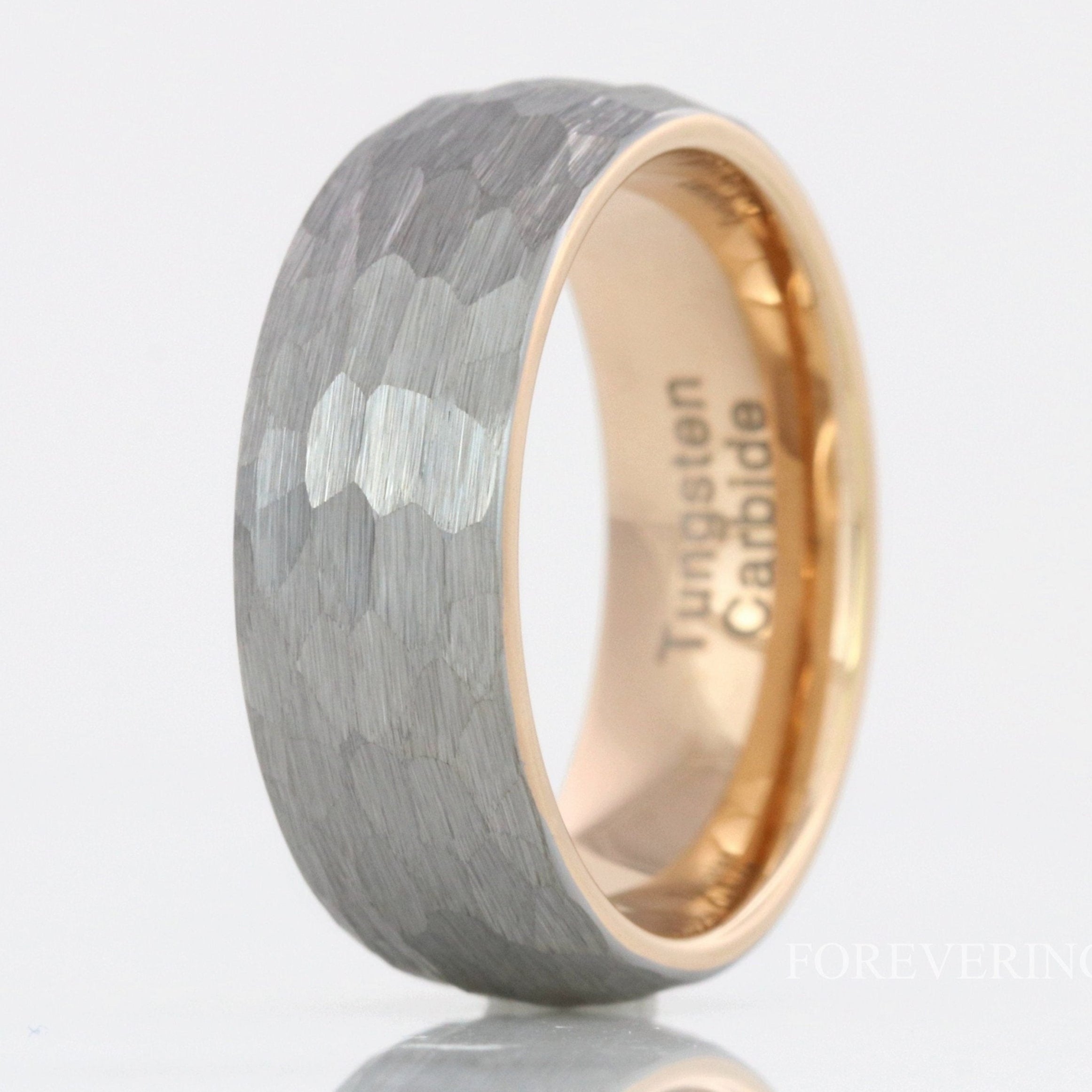 Hammered Rose Gold Tungsten Wedding Band for Men, 8mm Brushed Ring, Silver Rose Gold Two Tone Ring, Mens Engagement Ring, Ring Engraving