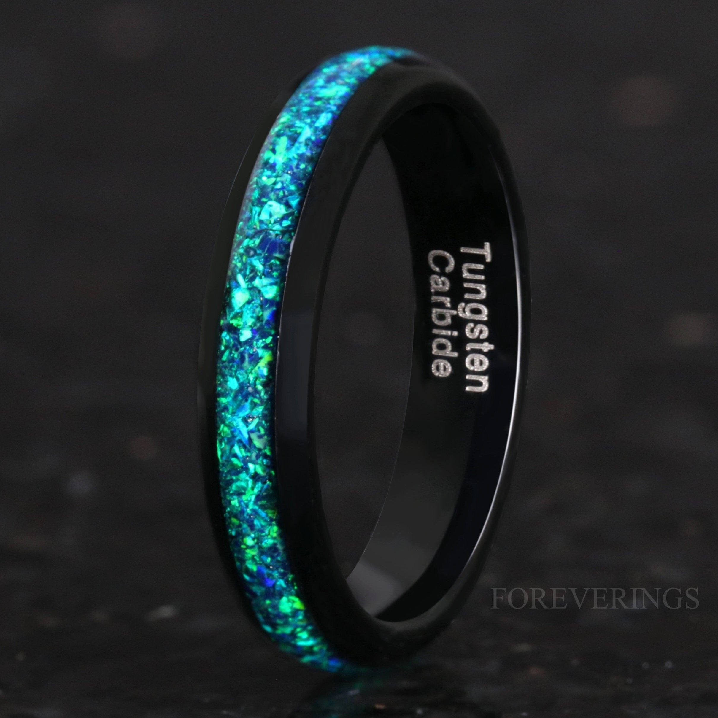 Emerald Coast Ring, 4mm Tungsten Wedding Band, Women Men Ring, Black Ring, Black Emerald Opal Ring, Dome, Polish, Comfort Fit