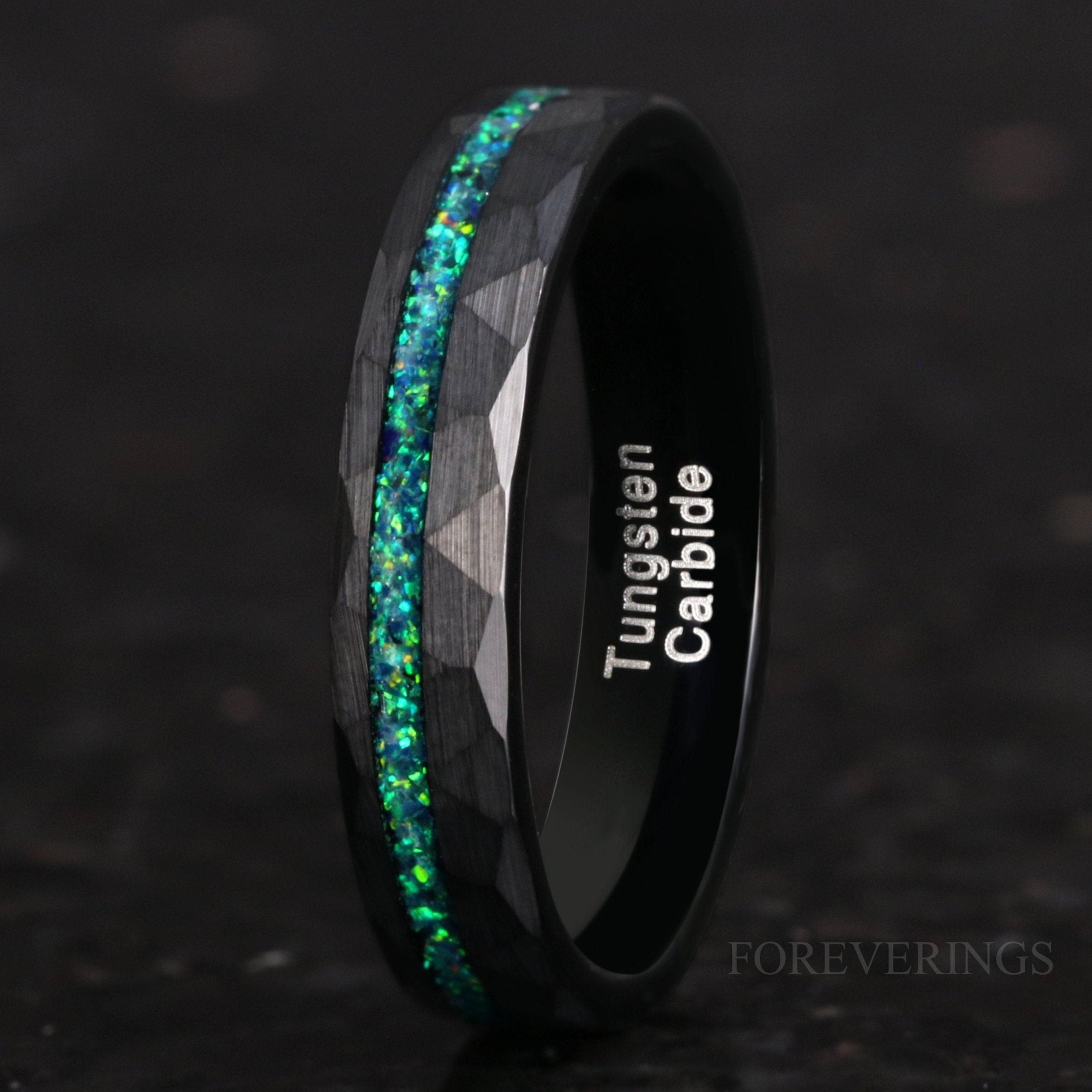 Emerald Coast Ring, 4mm Tungsten Wedding Band, Women Men Ring, Black Ring, Black Emerald Opal, Hammered, Brushed Matte, Flat, Comfort Fit