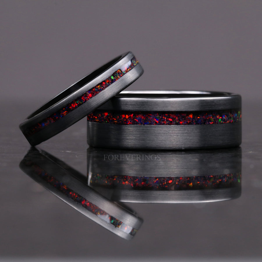 Crushed Black Fire Opal Wedding Band | 4mm Matte Tungsten Ring