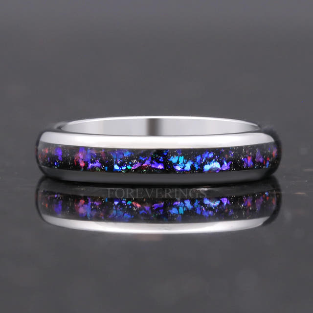 4mm silver tungsten ring with Orion nebula sandstone inlay, shown straight on