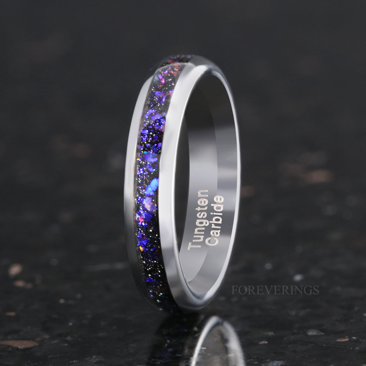 Women's 4mm silver tungsten ring with nebula sandstone inlay, standing upright