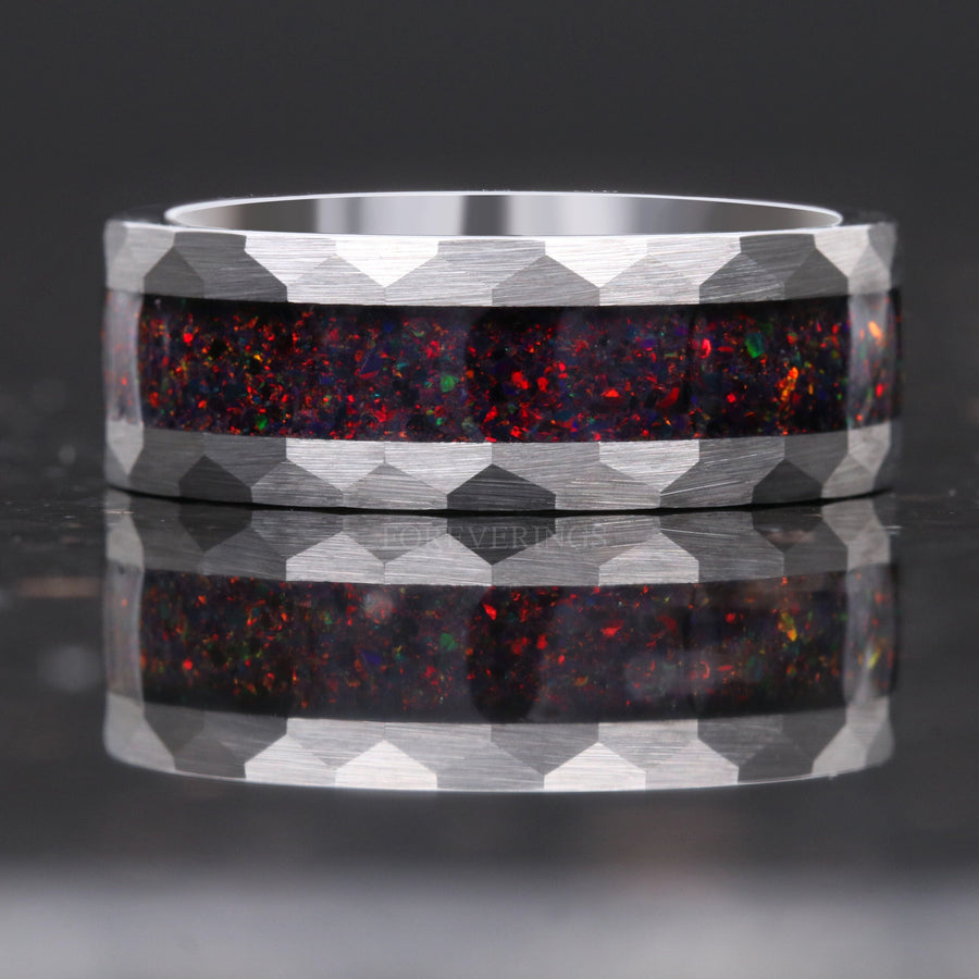 Black Fire Opal Hammered Tungsten Wedding Band | Men's 8mm Ring