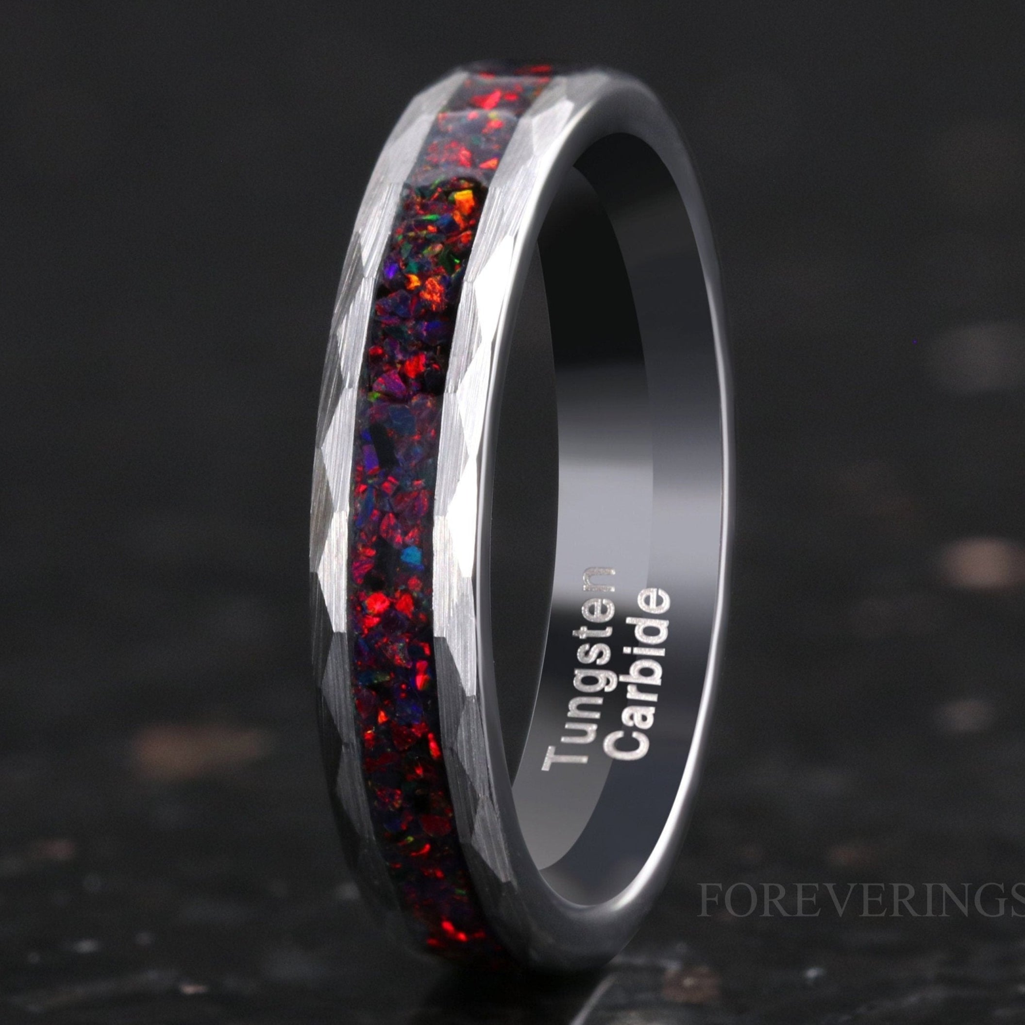 Tungsten Wedding Band, Crushed Black Fire Opal Band, 4mm Silver Tungsten Ring, No Plating, Hammered, Flat, Brushed, Comfort Fit