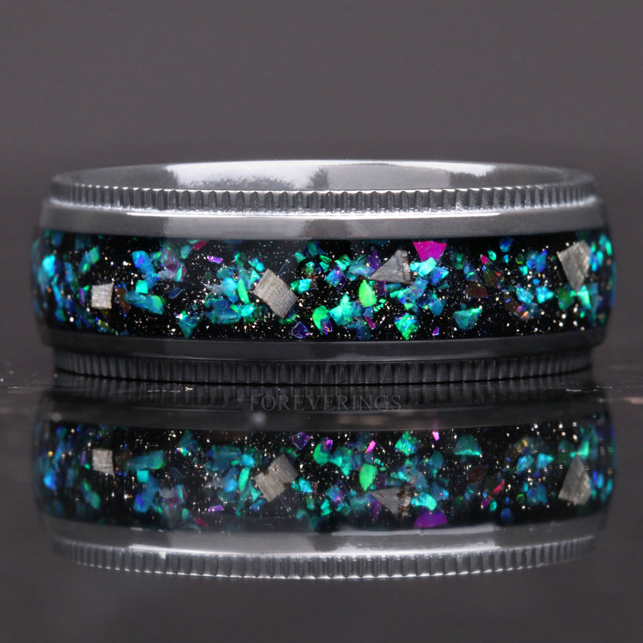 Zirconium Galaxy Opal & Meteorite Ring | Black Milgrain Dome Wedding Band