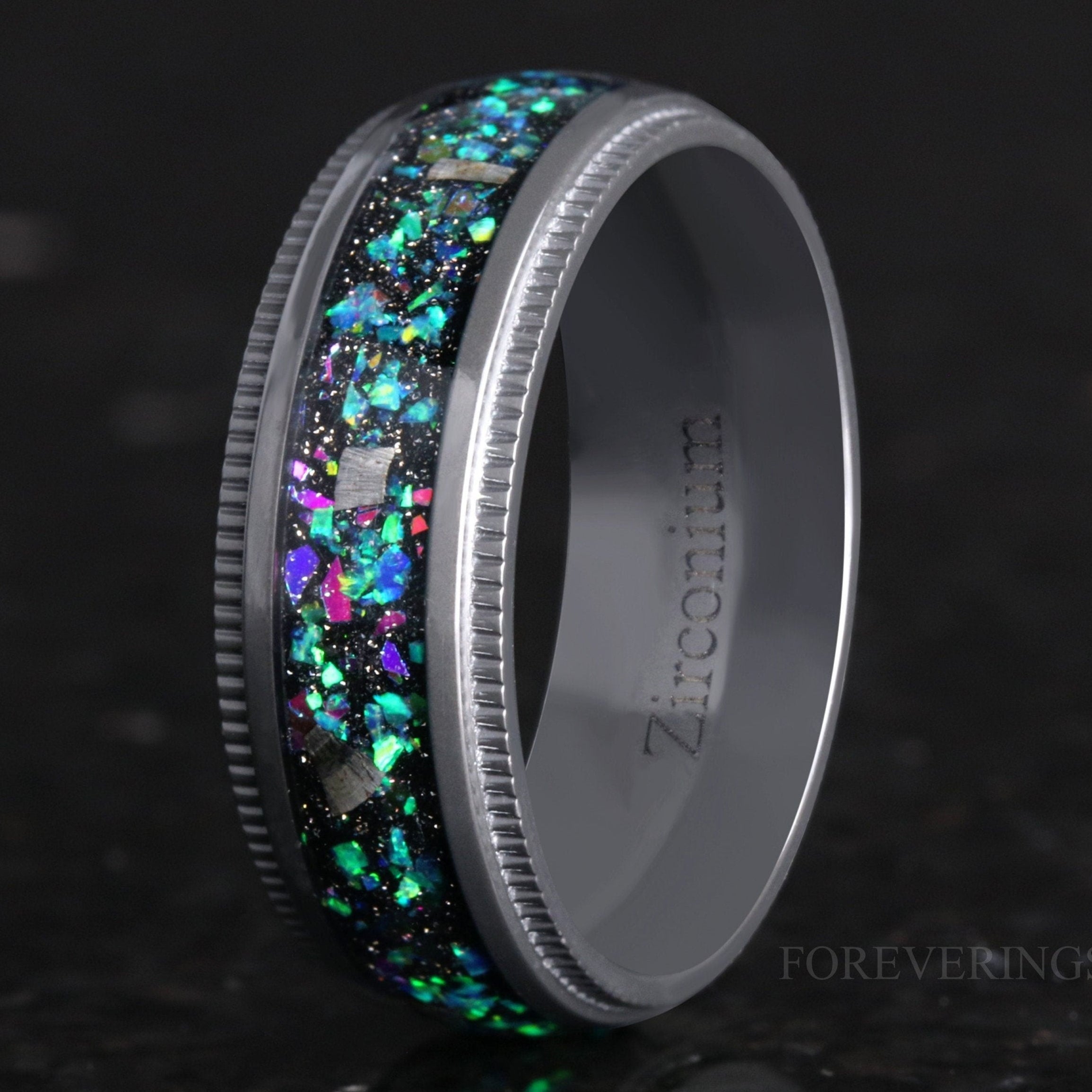 Zirconium, Meteorite and Galaxy Opal Wedding Band, 8mm Black Ring, Milgrain, Dome, Polished, Comfort Fit, Gift for Him, Unique Ring