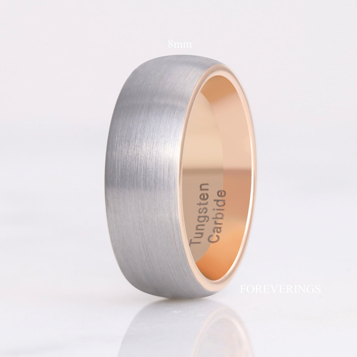 8mm silver and rose gold two-tone tungsten band standing upright, labeled 8mm