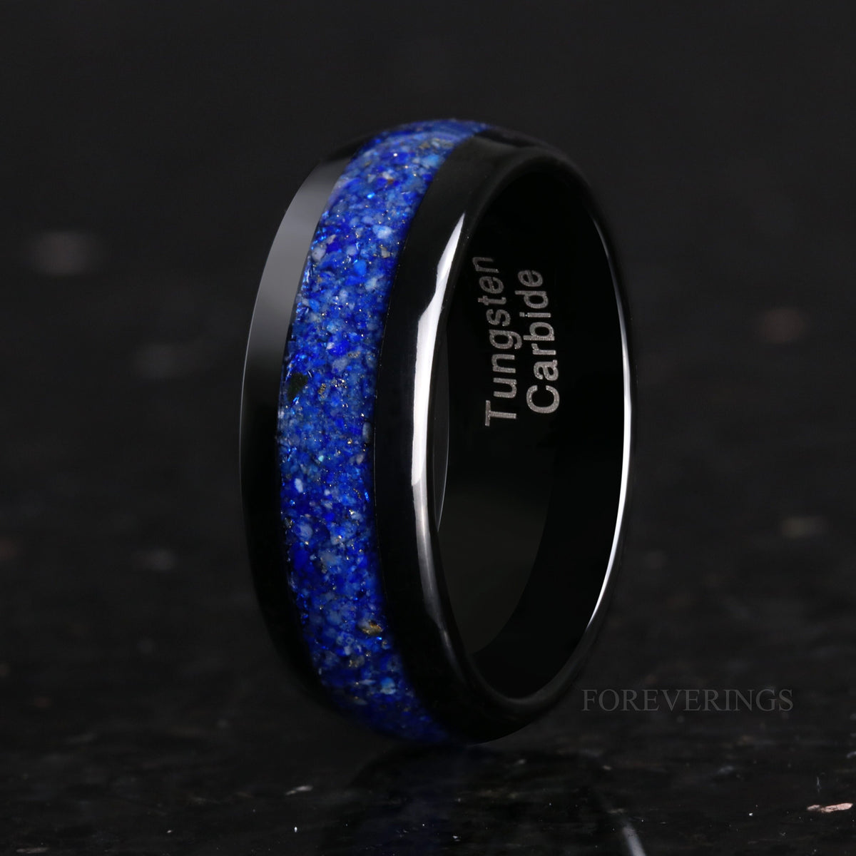 Men's 8mm black tungsten wedding band with lapis lazuli inlay, polished dome finish