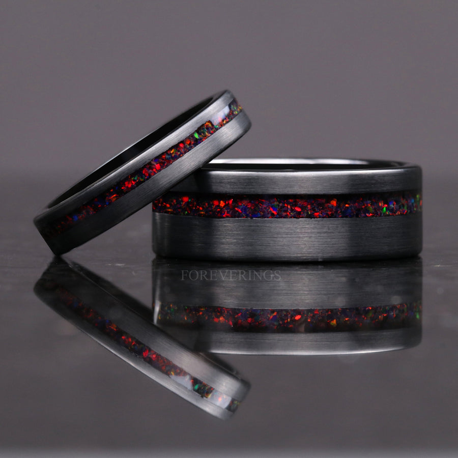 Mens Black Fire Opal Wedding Band | 8mm Black Tungsten Ring