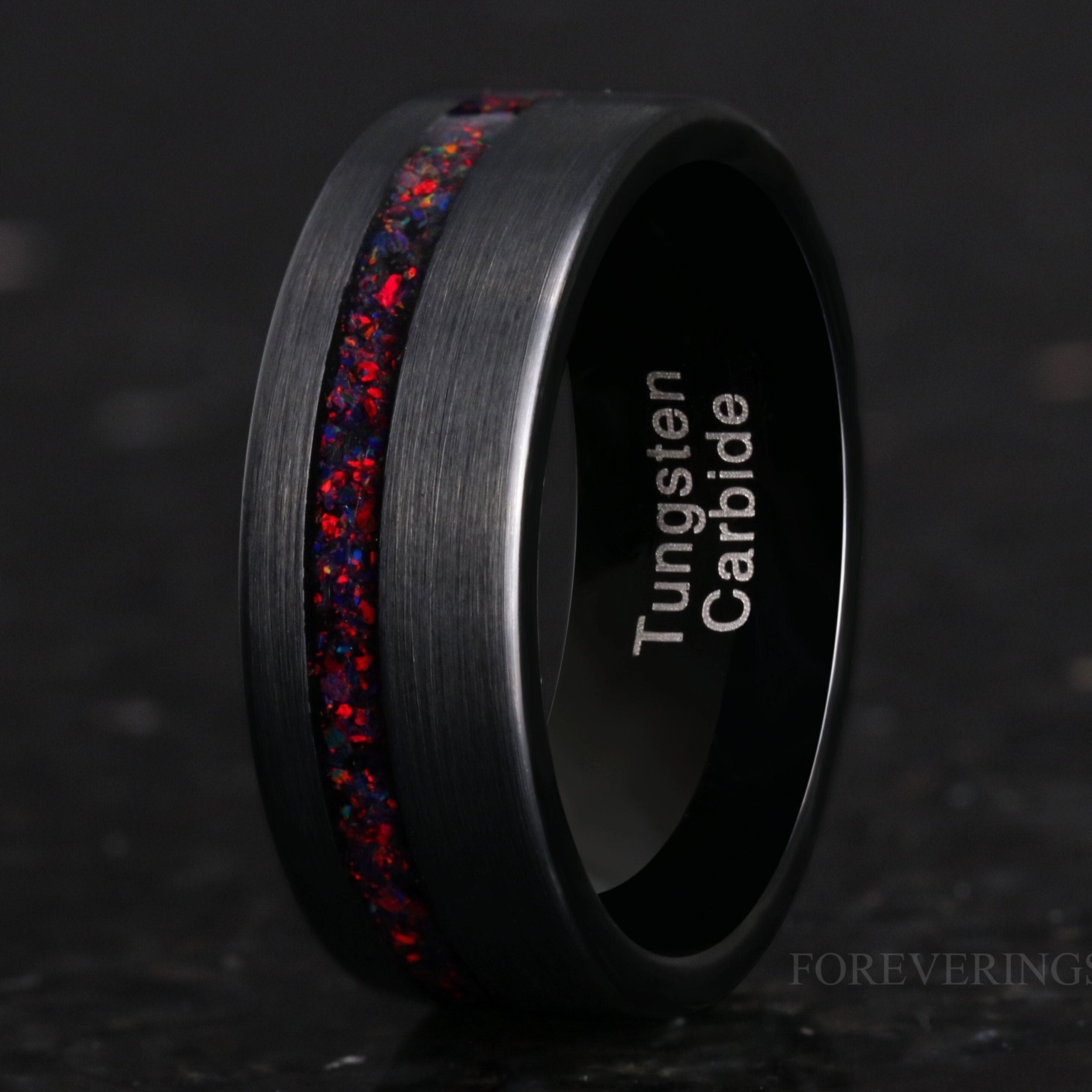 8mm Black Fire Opal Ring, Black Tungsten Ring, Men Wedding Band, Crushed Black Opal, Brushed Matte, Flat, Smooth, Comfort Fit, Unique Ring
