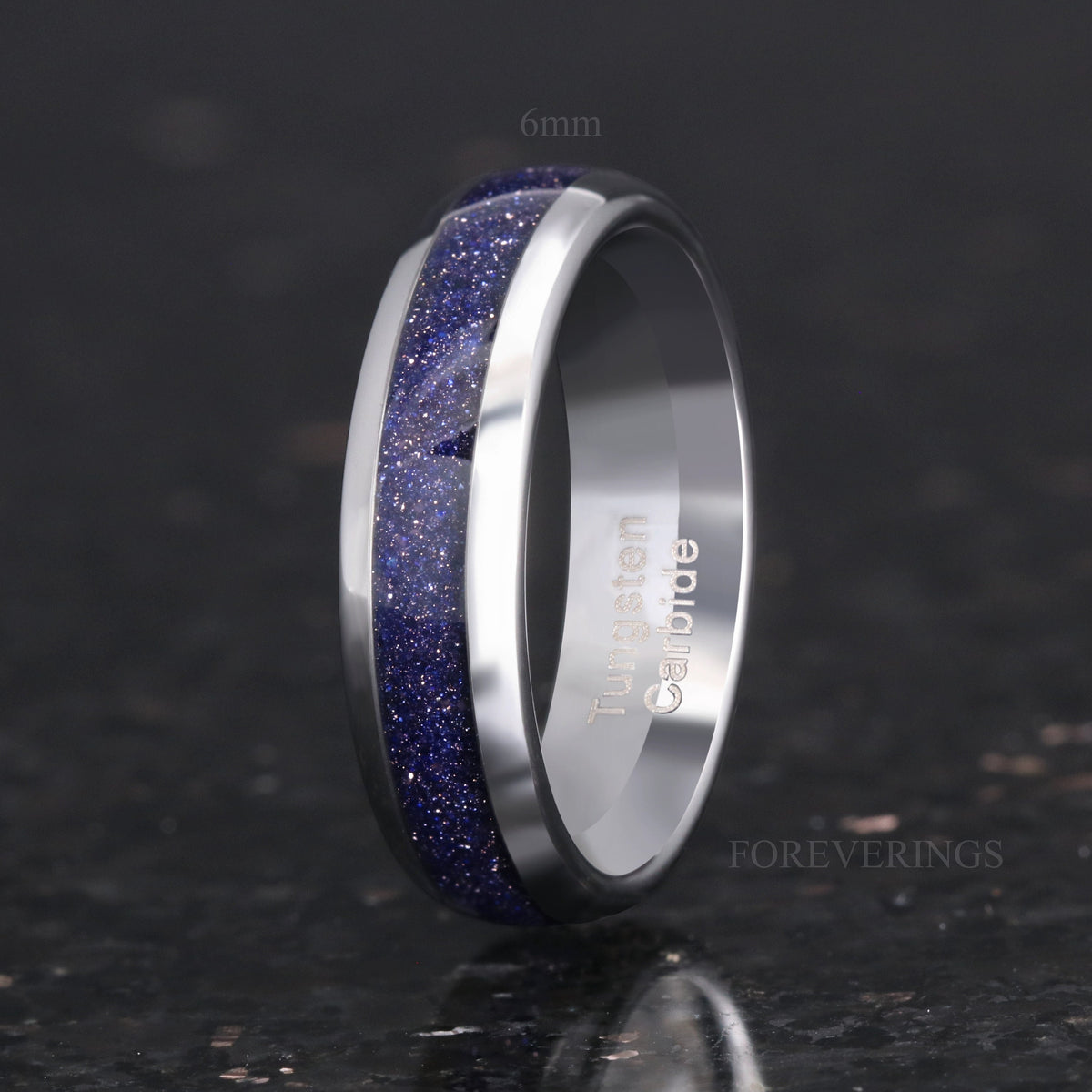 6mm silver tungsten band with blue sandstone inlay, angled to show the interior