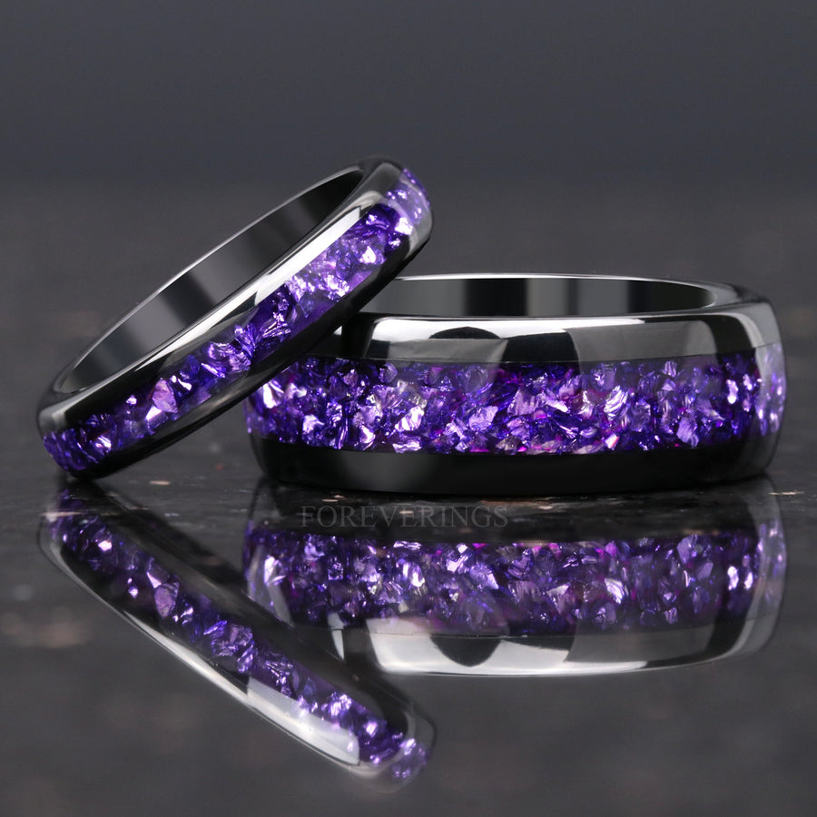 Amethyst Wedding Band, Men’s Purple Tungsten Ring, Black Dome Polish Comfort Fit, Unique Promise Ring, Birthday or Anniversary Gift for Him