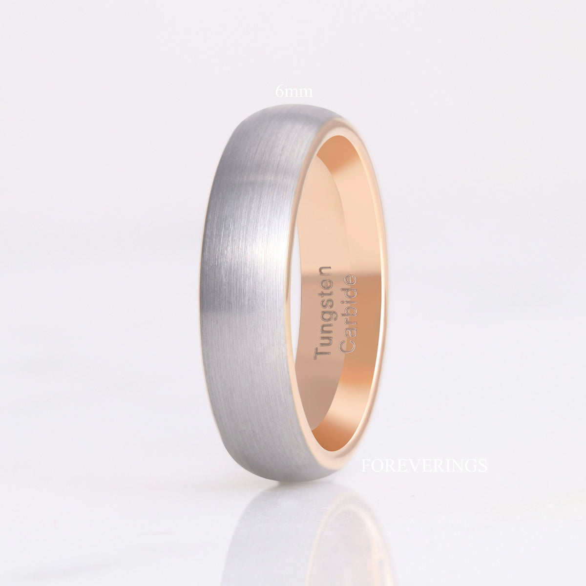 6mm brushed silver tungsten band with rose gold interior standing upright, labeled 6mm