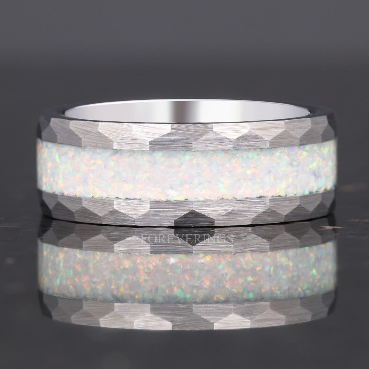 8mm hammered silver tungsten ring with white fire opal inlay, shown straight on