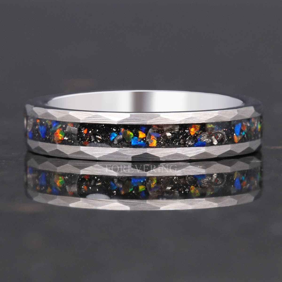 4mm silver tungsten band lying flat, front view of the meteorite and galaxy opal inlay