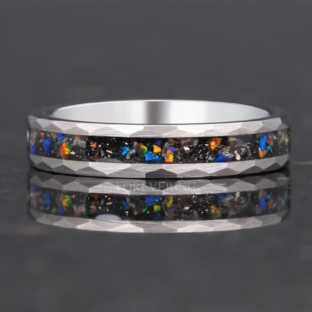 4mm silver tungsten band lying flat, front view of the meteorite and galaxy opal inlay