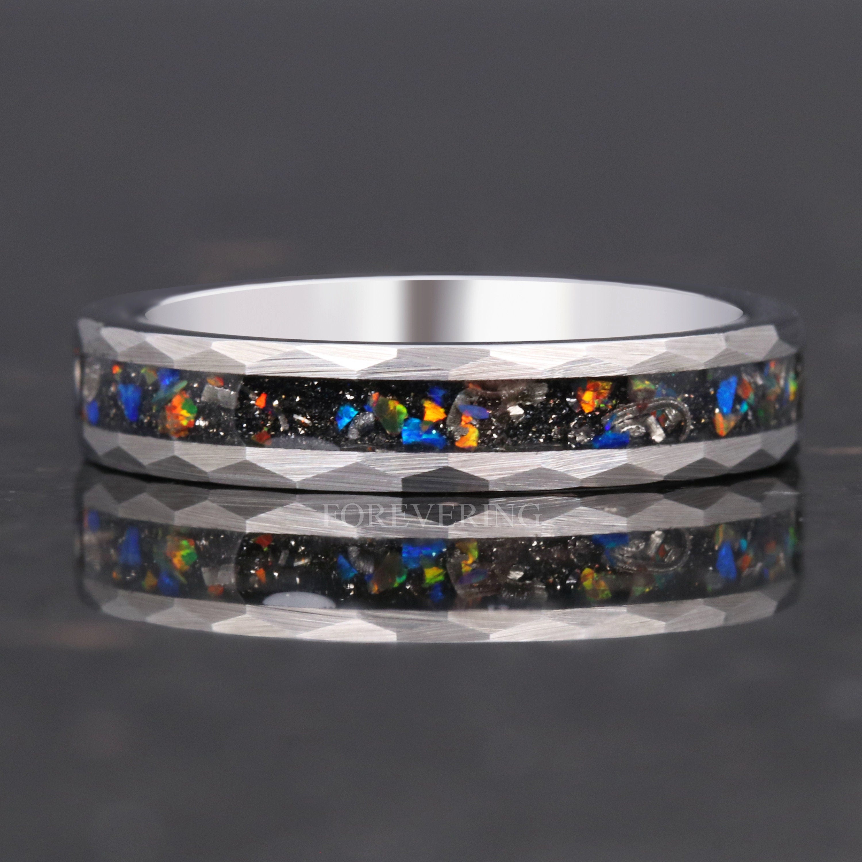 Meteorite and Galaxy Opal Wedding Band, 4mm Silver Tungsten Ring, Hammered, Flat, Matte Brushed, Comfort Fit, Unique Ring, Women Men Ring