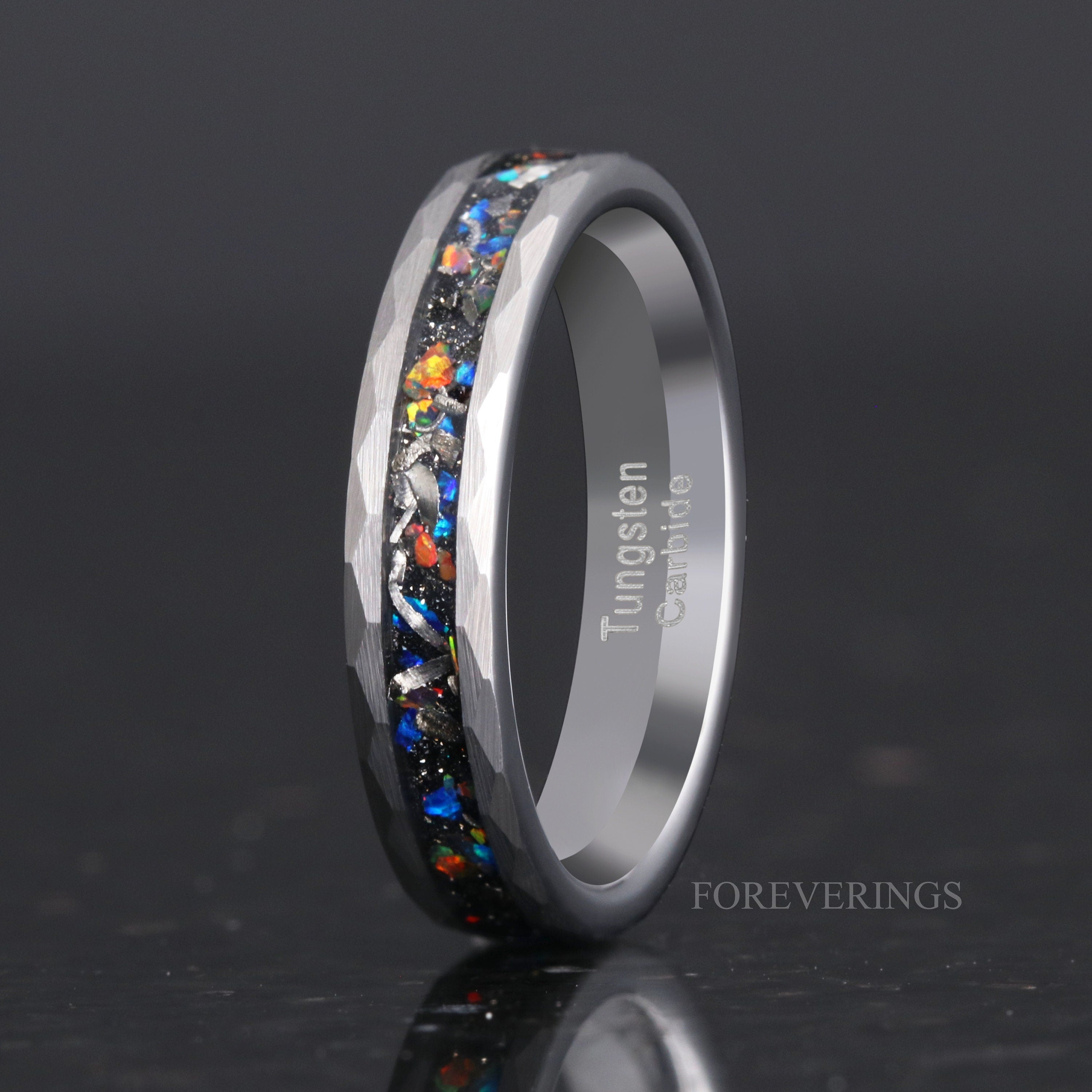 Meteorite and Galaxy Opal Wedding Band, 4mm Silver Tungsten Ring, Hammered, Flat, Matte Brushed, Comfort Fit, Unique Ring, Women Men Ring