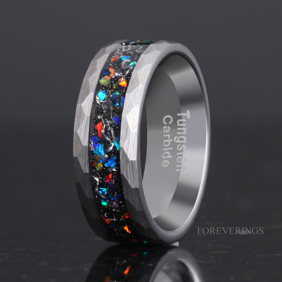 Meteorite and Galaxy Opal Ring Set, His and Hers Tungsten Wedding Band, 8mm & 4mm Silver Rings, Hammer, Couples Ring, Brush, Comfort Fit
