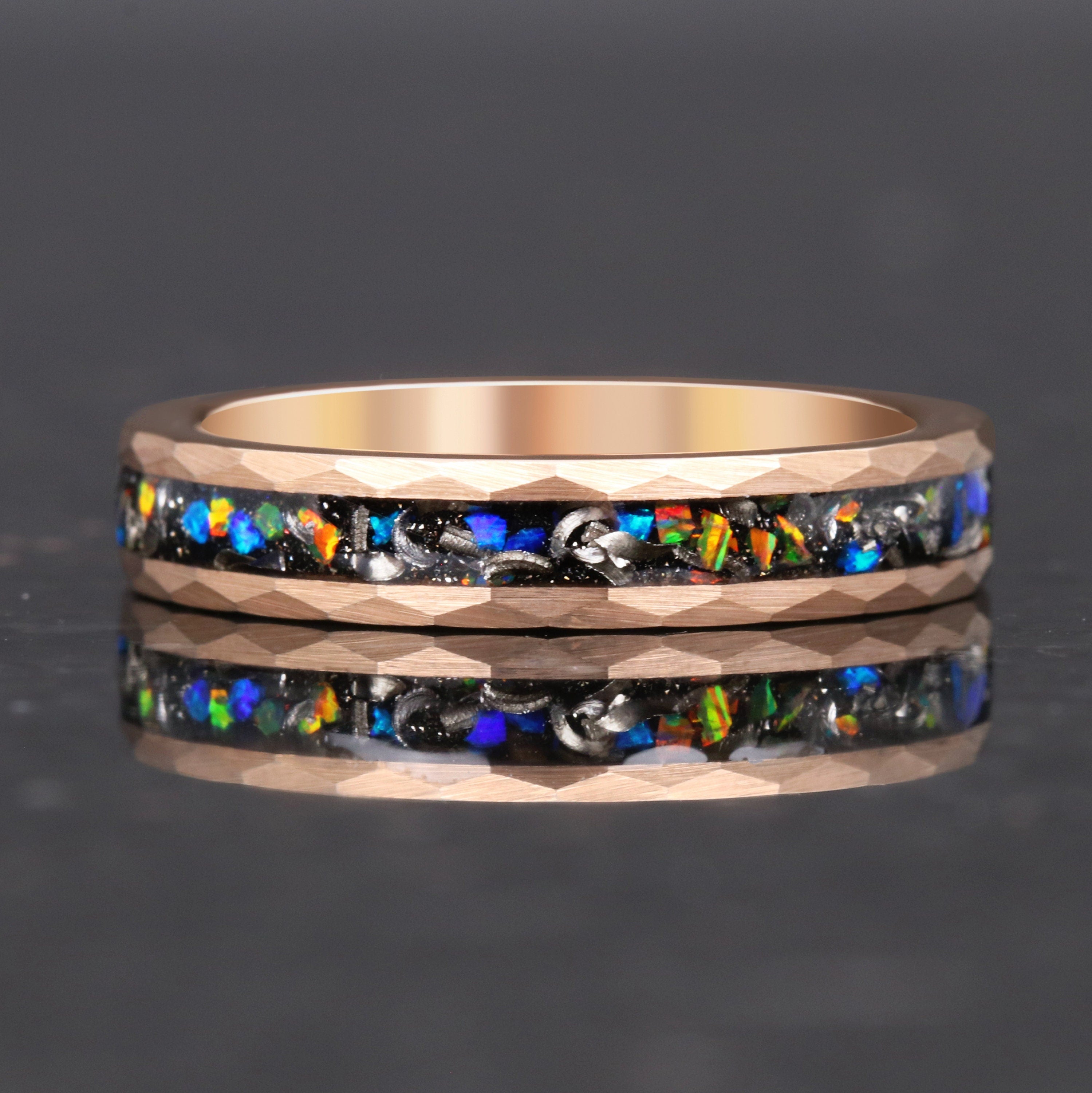 Meteorite and Galaxy Opal Wedding Band, 4mm Tungsten Ring, Rose Gold Plated, Hammered, Flat, Matte Brushed, Comfort Fit, Women Men Ring