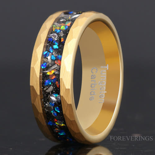 Men's 8mm hammered gold tungsten wedding band with meteorite and galaxy opal inlay