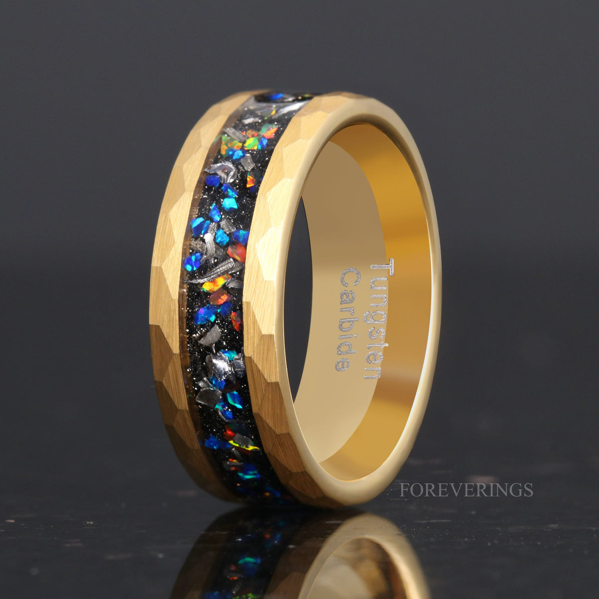 Men's 8mm hammered gold tungsten band with meteorite and galaxy opal inlay, interior showing