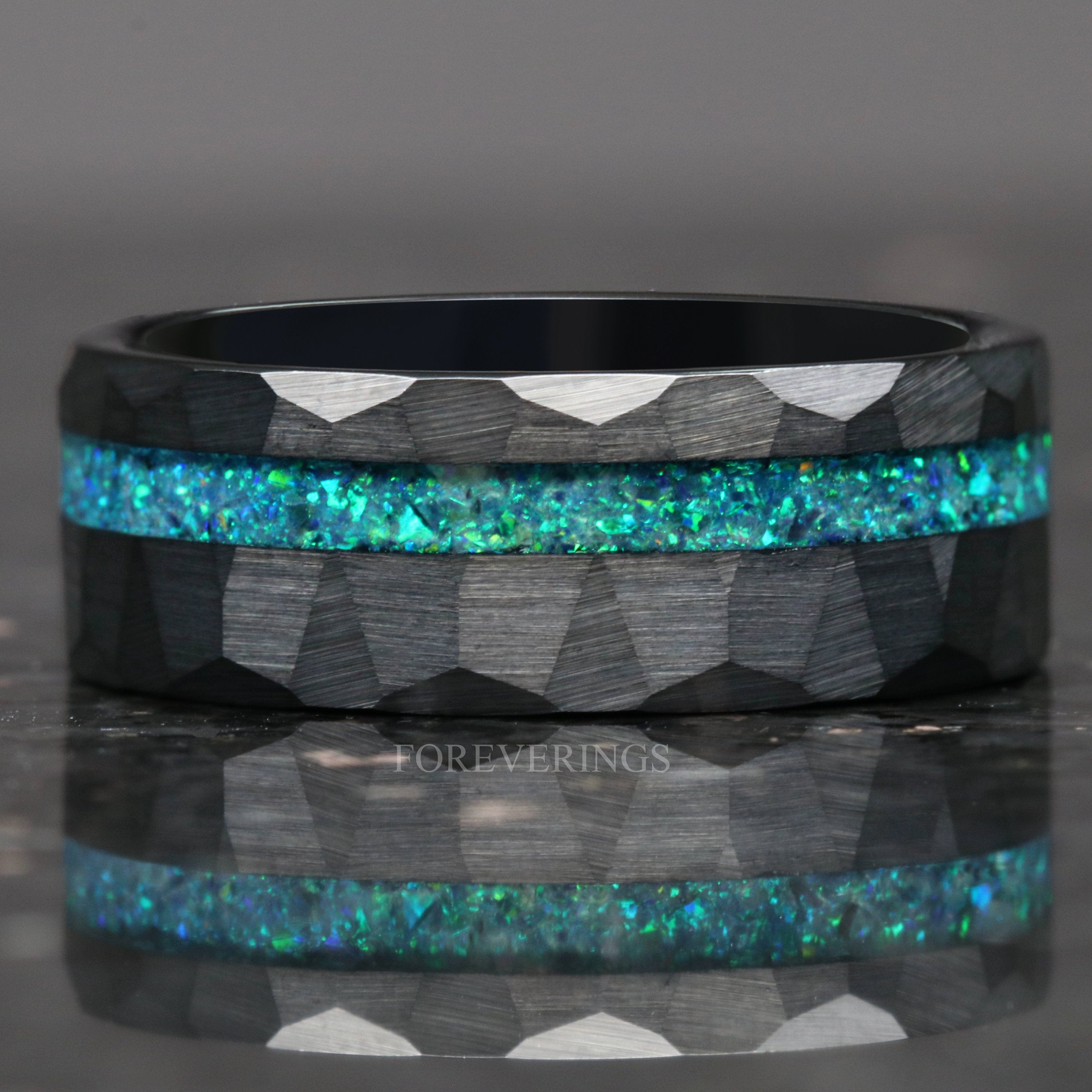 Man Emerald Opal Ring, Hammer Wedding Band, 8mm 6mm Green Ring, Fire Opal, Black Tungsten Ring, Anniversary Gift, Brush, Flat, Ring, Engrave