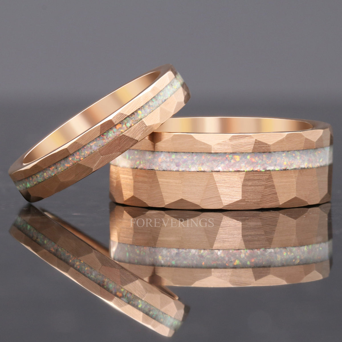 Matching rose gold hammered tungsten couples ring set with white fire opal inlay, 8mm and 4mm
