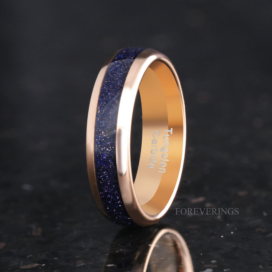Great Rift Nebula Ring Set, His and Hers Tungsten Wedding Band, 6mm & 4mm Rose Gold Plated Ring, Outer Space Couples Ring, Dome, Sandstone