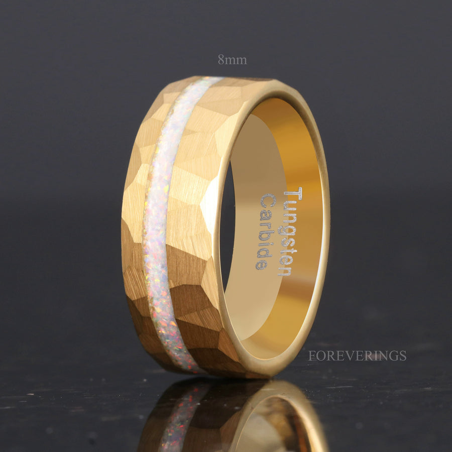 Mens Fire Opal Wedding Band | Hammered Gold Tungsten Ring