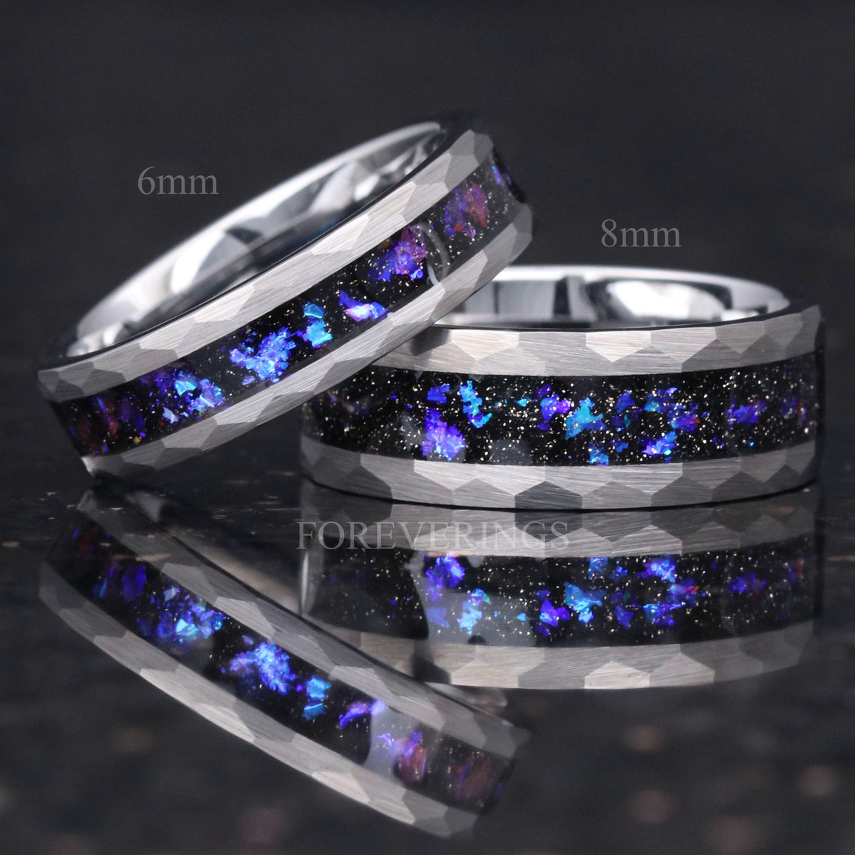 6mm and 8mm hammered silver nebula bands shown together, labeled by width