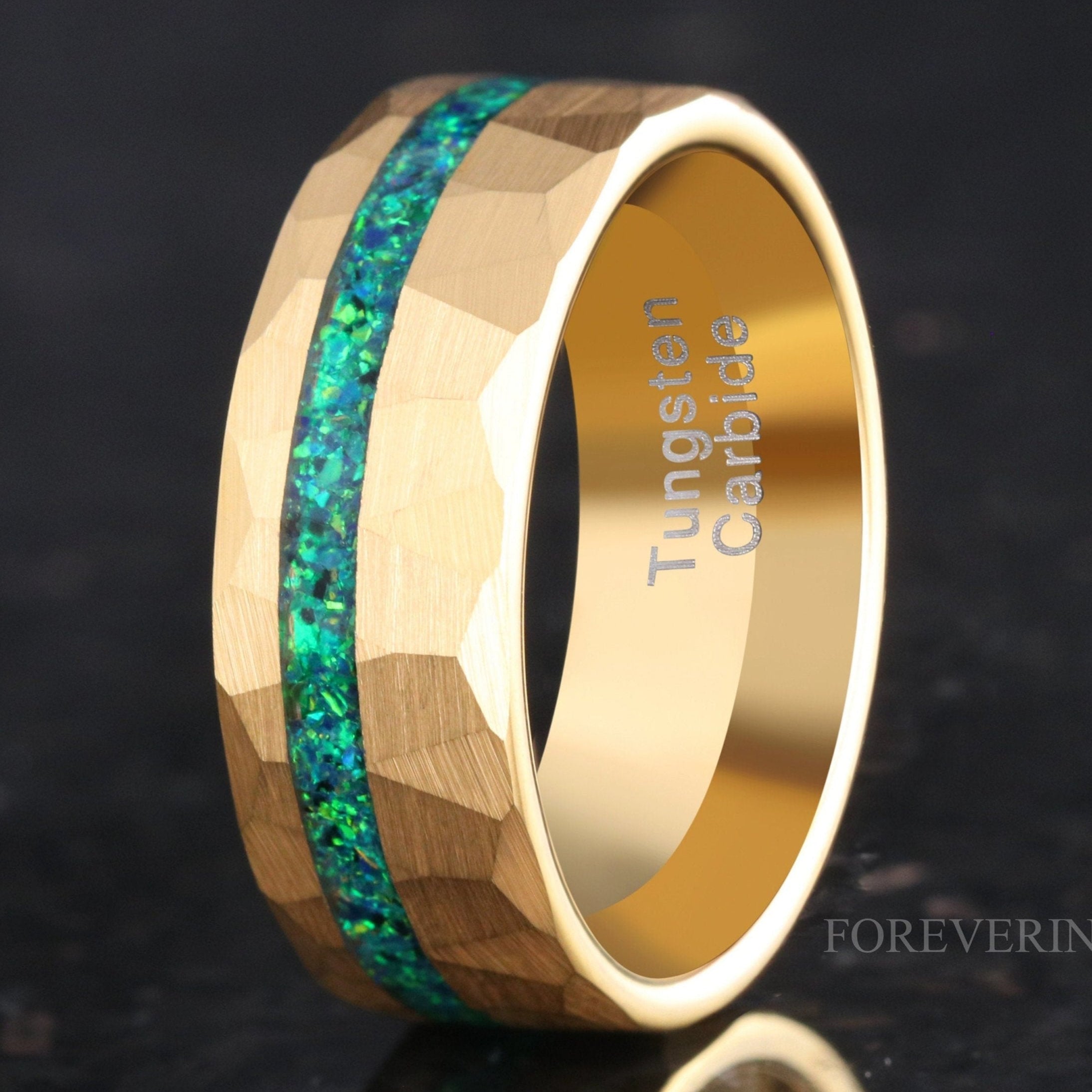 Mens Emerald Ring, Gold Wedding Band, Hammered Gold Tungsten Band, 8mm 6mm 4mm Emerald Coast Ring, Green Fire Opal, Brush Flat, Ring Engrave