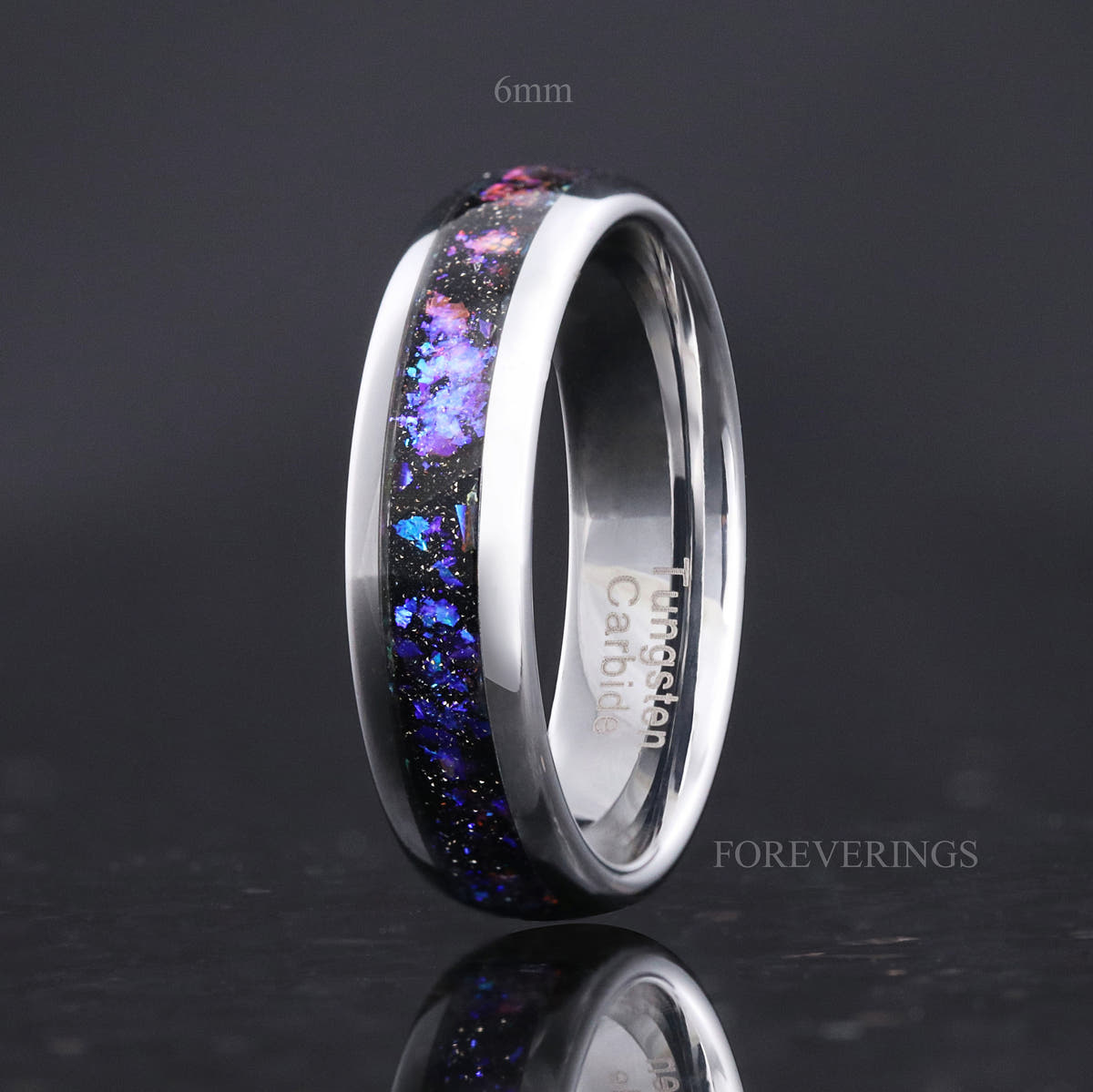 6mm silver tungsten ring with blue and purple nebula sandstone inlay, standing upright