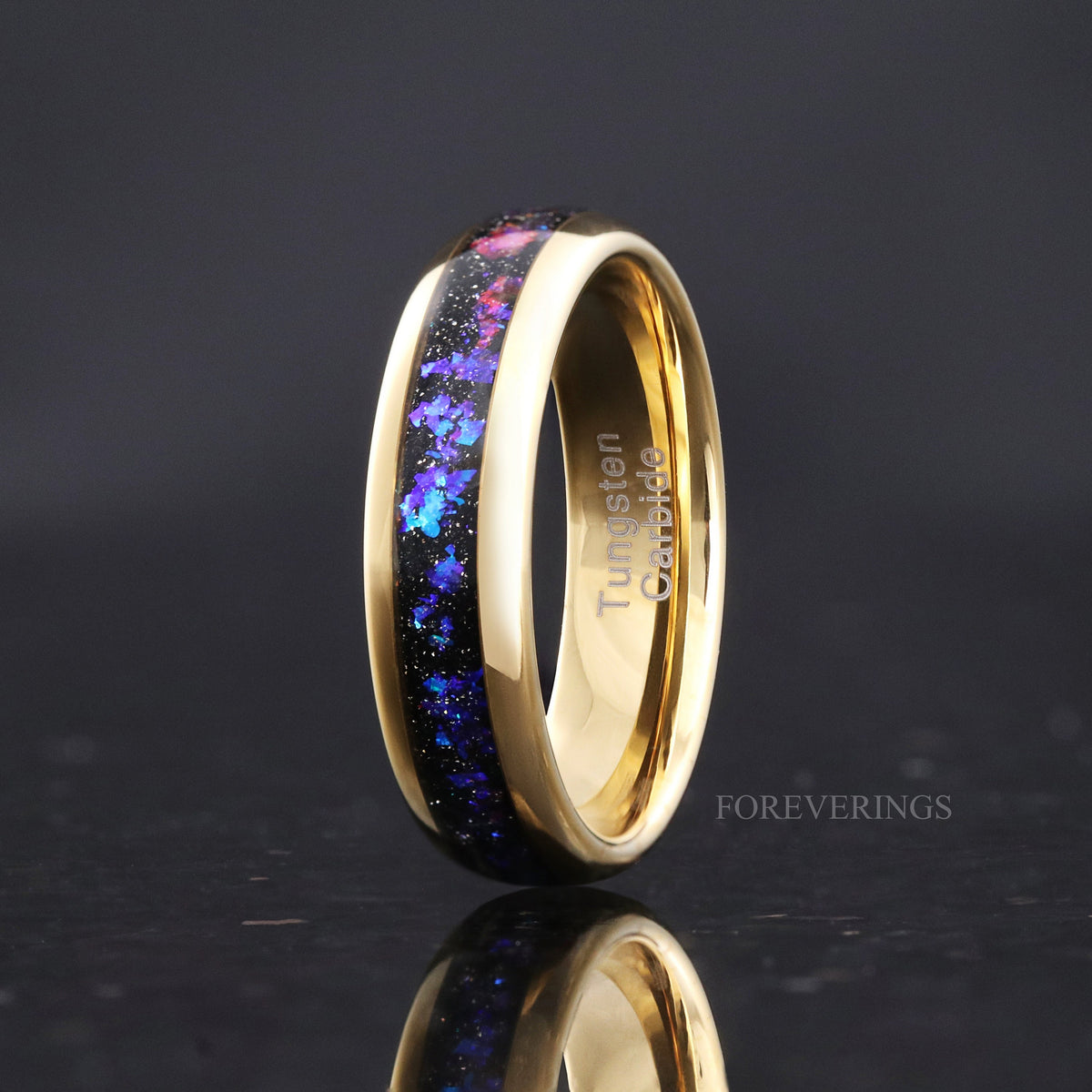 Men's 6mm gold tungsten band with nebula sandstone inlay, standing upright