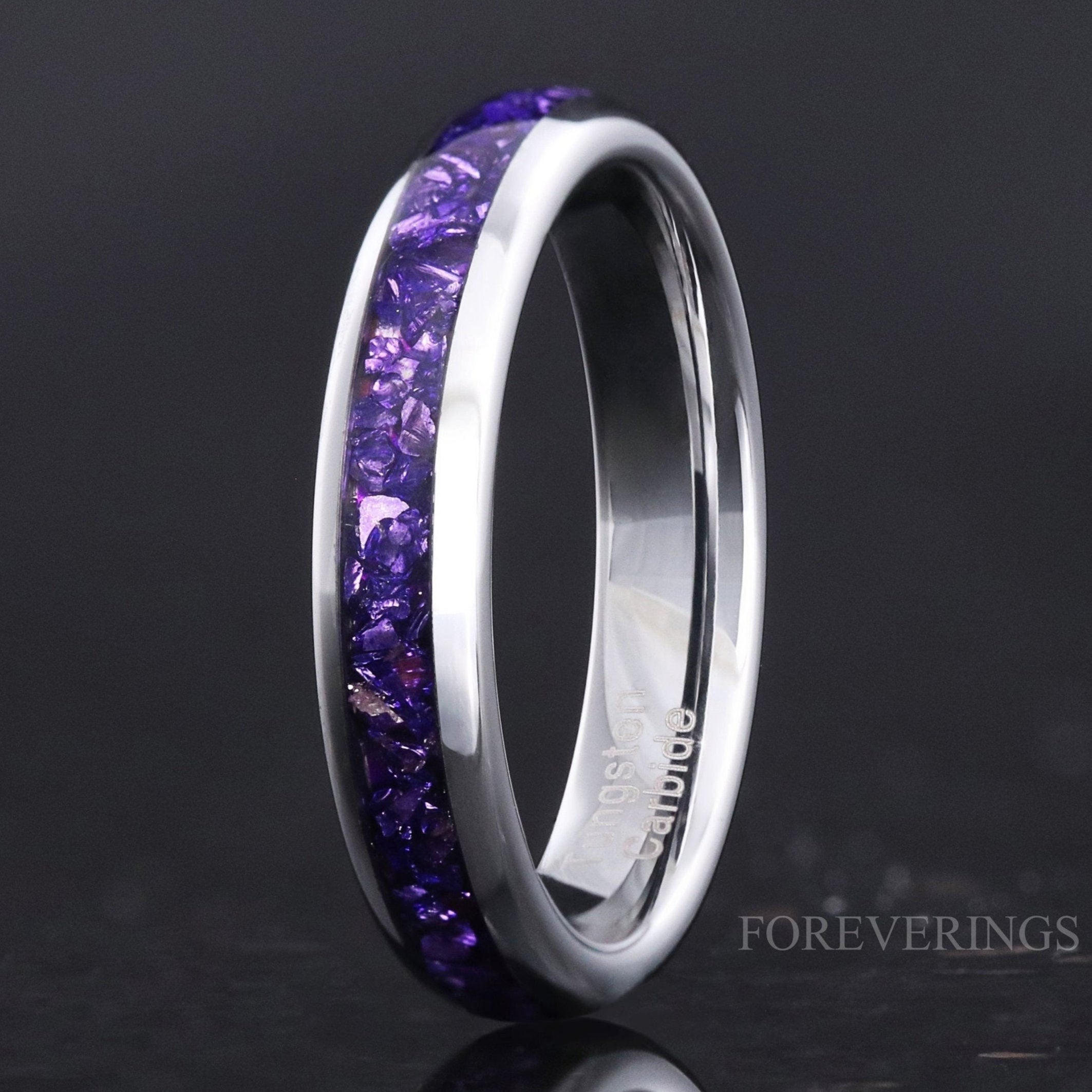 4mm Alexandrite Wedding Band, Purple-Pink Color Changing Ring, Silver Tungsten Ring, Women Men Ring, Dome, Polish, Comfort Fit