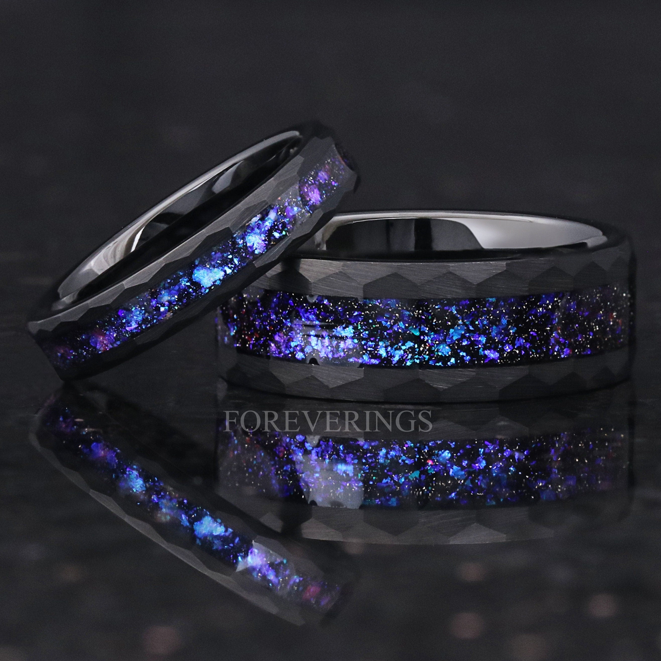 Orion Nebula Ring Set Hammered, His and Her Wedding Band, Black Tungsten, Blue Space Ring, 8mm 4mm Matching Band, Couple Engagement Ring Set