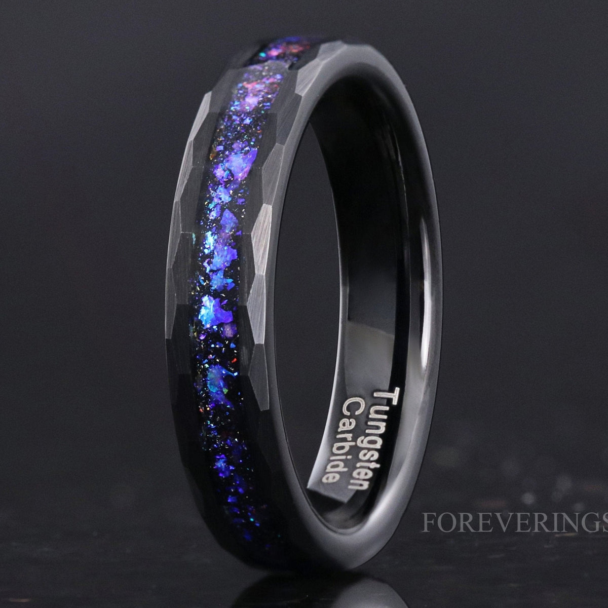 4mm hammered black tungsten ring with Orion Nebula sandstone inlay, standing upright