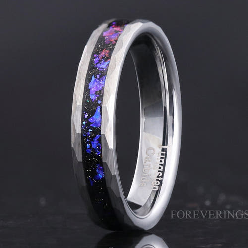 4mm hammered silver tungsten band with Orion nebula sandstone inlay, matte finish