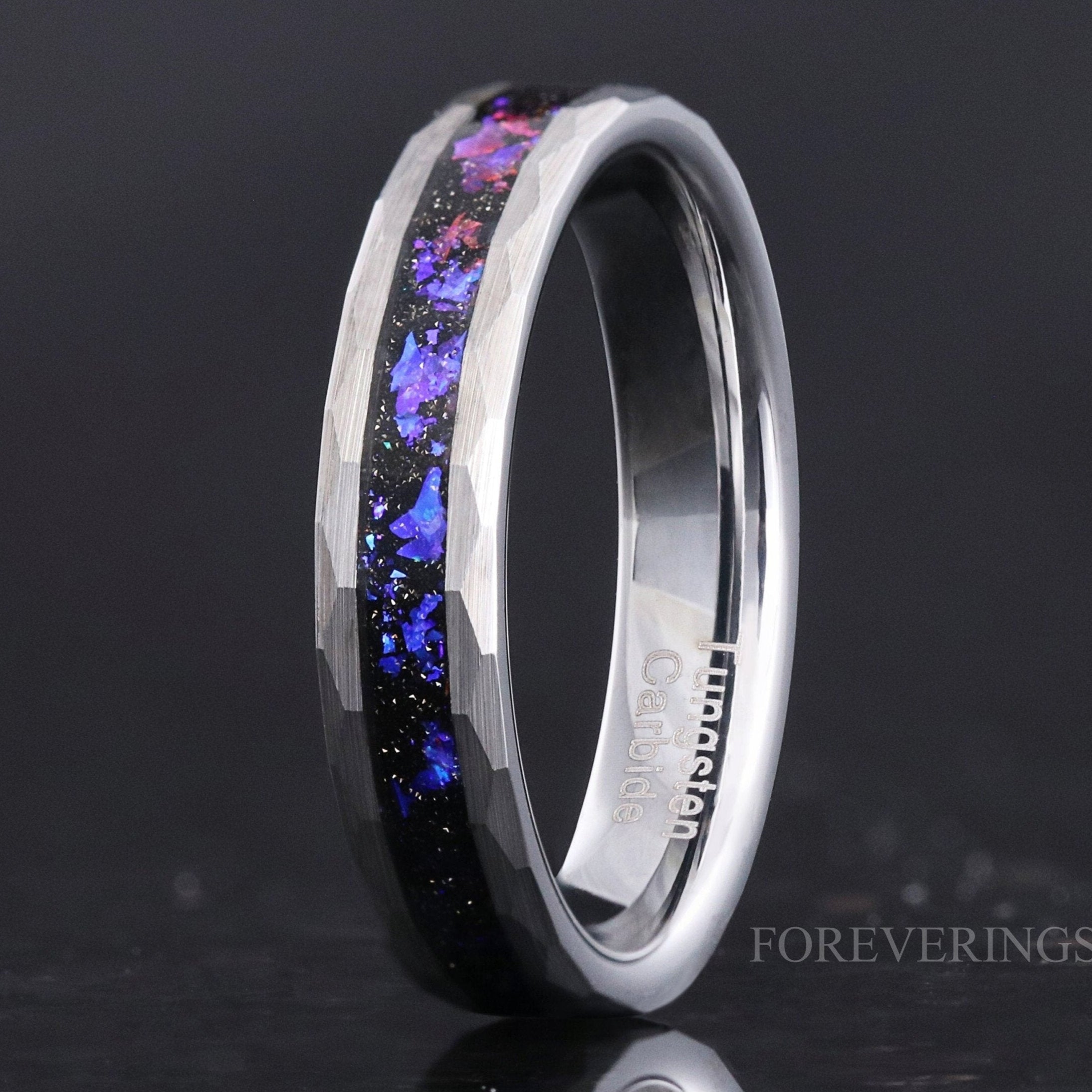 Orion Nebula Ring Hammered Wedding Band, 4mm Outer Space Ring, Unique Silver Tungsten Ring, Flat Matte Brush, Blue Nebula Ring, Ring Engrave