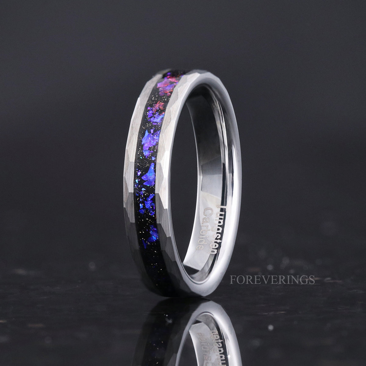 Women's 4mm hammered silver tungsten ring with nebula sandstone inlay, standing upright